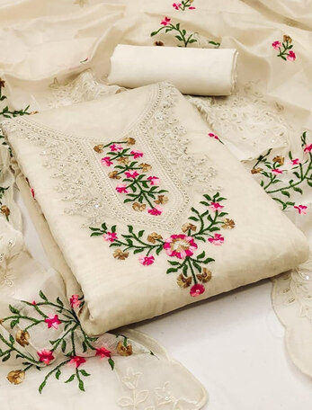 hand embroidered dress material Sozni Hand Embroidery Pure Silk 3pc Unstitched Dress Material Suit Set main image 1
